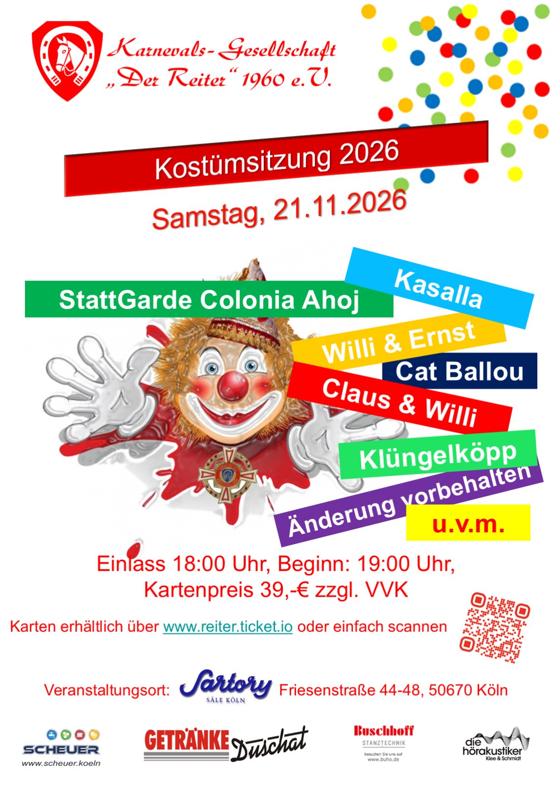 Plakat: Kostümsitzung mit Proklamation des Dreigestirns der Alt-Gemeinde Rodenkirchen 2027